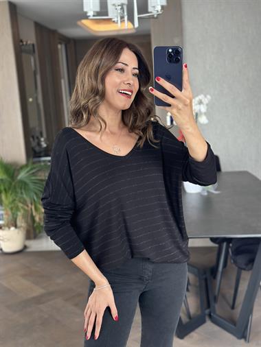Siyah Sim Çizgili Ön Arka V Yaka Uzun Kol Kadın Bluz