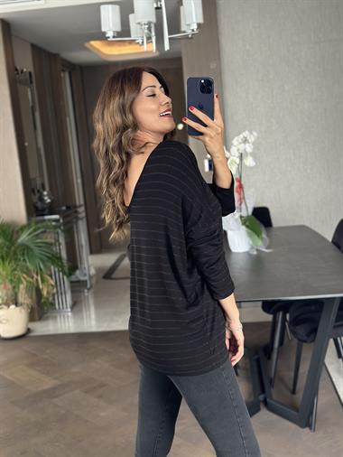 Siyah Sim Çizgili Ön Arka V Yaka Uzun Kol Kadın Bluz