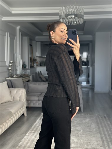 Siyah Sim Çizgili Yandan Bağlamalı Kadın Bluz