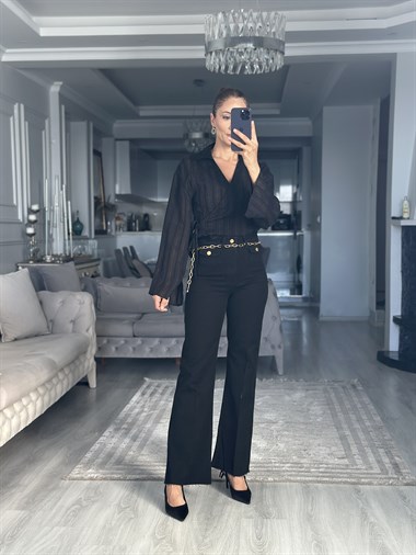 Siyah Sim Çizgili Yandan Bağlamalı Kadın Bluz
