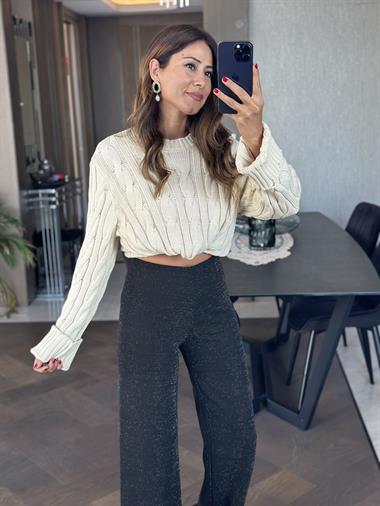 Siyah Simli Beli Lastikli Bol Paça Kadın Pantolon