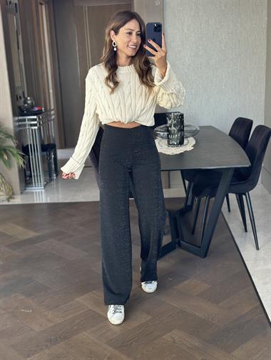 Siyah Simli Beli Lastikli Bol Paça Kadın Pantolon