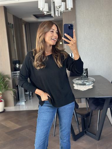 Siyah Simli Bisiklet Yaka Uzun Kol Dilvn Merserize Kadın Bluz