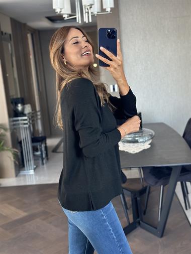 Siyah Simli Bisiklet Yaka Uzun Kol Dilvn Merserize Kadın Bluz