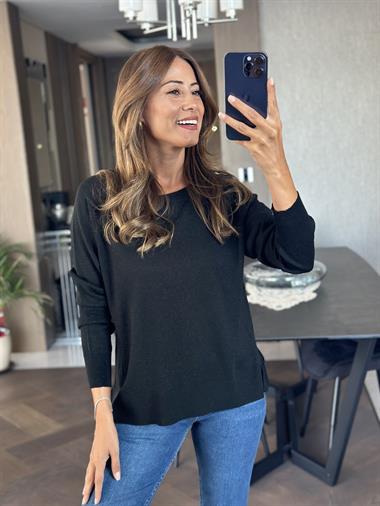 Siyah Simli Bisiklet Yaka Uzun Kol Dilvn Merserize Kadın Bluz