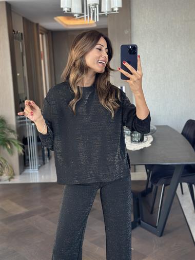 Siyah Simli İthal Scuba Yanları Yırtmaçlı Kadın Sweatshirt