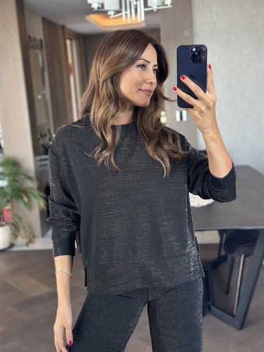 Siyah Simli İthal Scuba Yanları Yırtmaçlı Kadın Sweatshirt