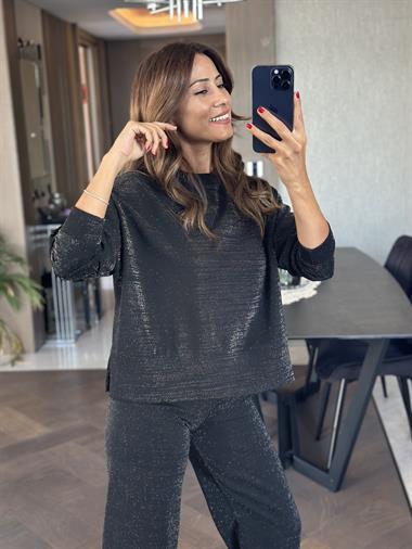 Siyah Simli İthal Scuba Yanları Yırtmaçlı Kadın Sweatshirt