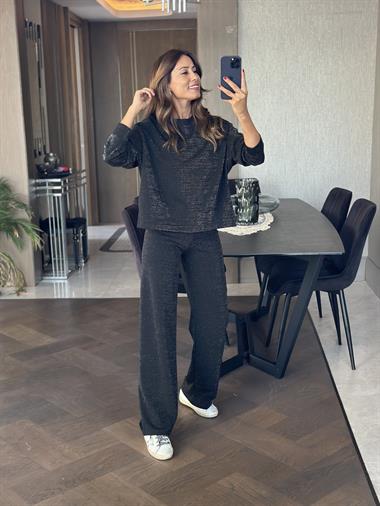 Siyah Simli İthal Scuba Yanları Yırtmaçlı Kadın Sweatshirt