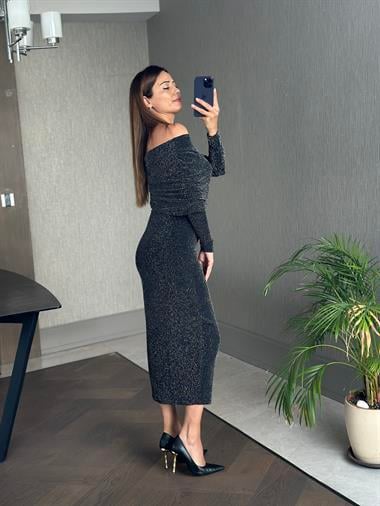 Siyah Simli Uzun Kol Asimetrik Yaka Kadın Elbise