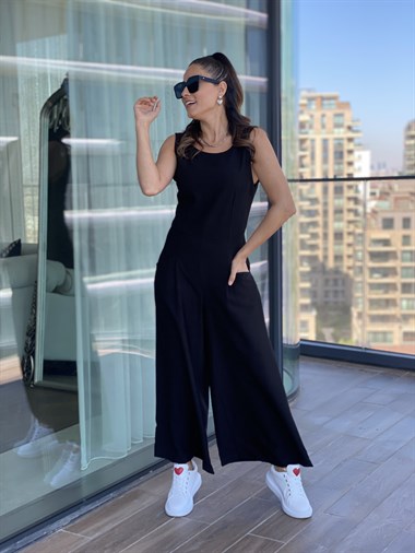 Siyah Sırt Fermuarlı Dört Cepli KetenTulum