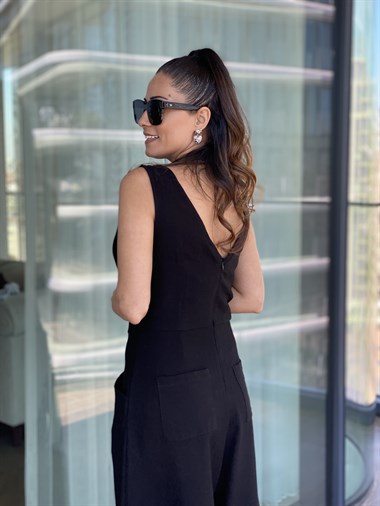 Siyah Sırt Fermuarlı Dört Cepli KetenTulum