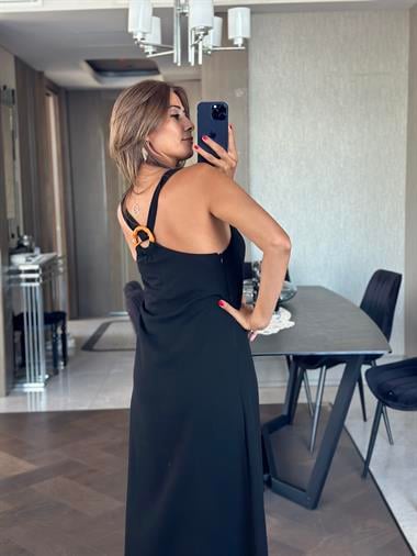 Siyah Sırtı Bambu Aksesuarlı Eteği Anvelop Kadın Keten Elbise 