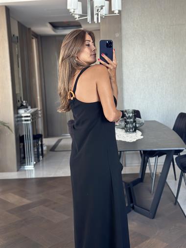 Siyah Sırtı Bambu Aksesuarlı Eteği Anvelop Kadın Keten Elbise 