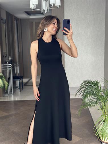 Siyah Sırtı Çapraz Bisiklet Yaka Modal Kadın Elbise