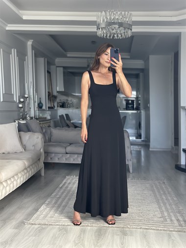 Siyah Sırtı Kare Dekolteli Maxi Boy Kadın Elbise 