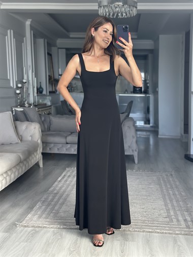 Siyah Sırtı Kare Dekolteli Maxi Boy Kadın Elbise 