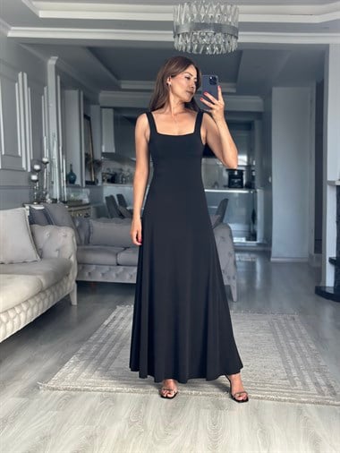 Siyah Sırtı Kare Dekolteli Maxi Boy Kadın Elbise 