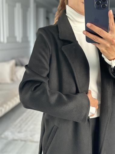 Siyah Soft Touch Kuşaklı Kadın Kaşe Kaban