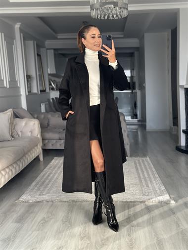 Siyah Soft Touch Kuşaklı Kadın Kaşe Kaban