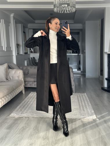 Siyah Soft Touch Kuşaklı Kadın Kaşe Kaban