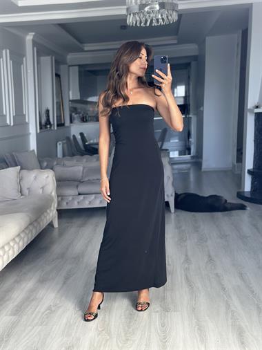 Siyah Straplez Sandy Midi Boy Kadın Elbise