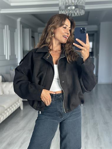 Siyah Süet Apoletli Balon Kadın Ceket