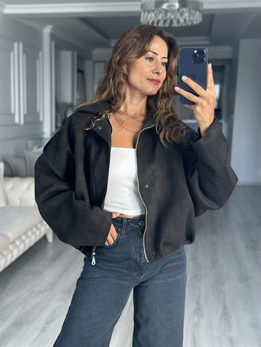 Siyah Süet Apoletli Balon Kadın Ceket