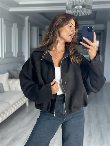 Siyah Süet Apoletli Balon Kadın Ceket