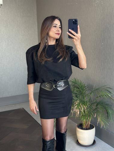 Siyah Süet Bisiklet Yaka Kısa Kol Kemerli Kadın Mini Elbise