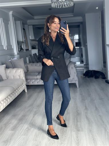 Siyah Süet İki Düğmeli Kadın Ceket