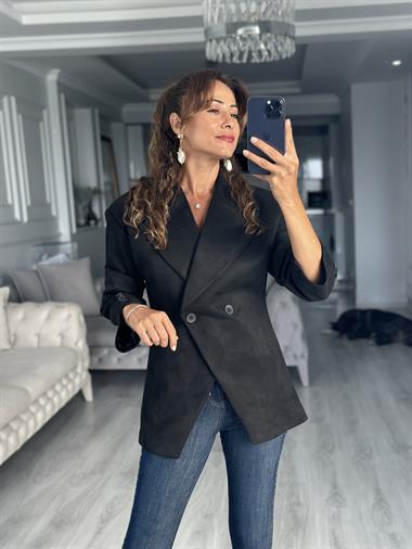 Siyah Süet İki Düğmeli Kadın Ceket