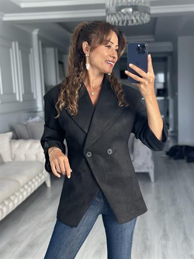 Siyah Süet İki Düğmeli Kadın Ceket