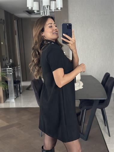 Siyah Süet Yakası Kuşgözlü Vatkalı Kısakol Kadın Çan Elbise