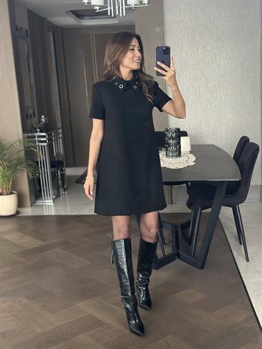 Siyah Süet Yakası Kuşgözlü Vatkalı Kısakol Kadın Çan Elbise