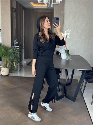 Siyah Modal Sweat Paçası Yırtmaç Detay Pantolon Kadın İkili Takım