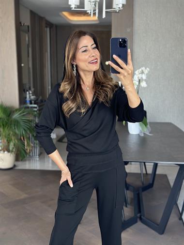 Siyah Modal Sweat Paçası Yırtmaç Detay Pantolon Kadın İkili Takım