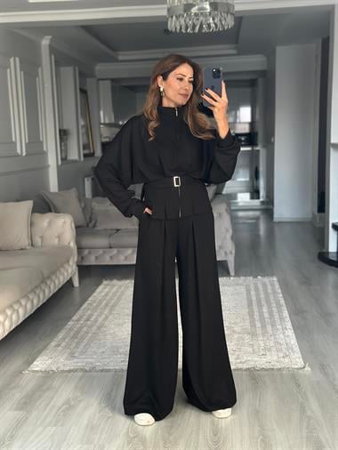 Siyah Tasarım Kemerli Modal Kadın İkili Takım