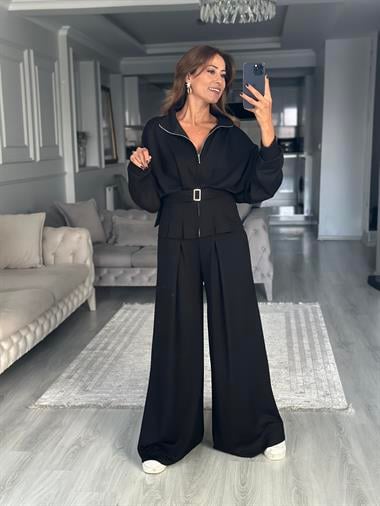 Siyah Tasarım Kemerli Modal Kadın İkili Takım