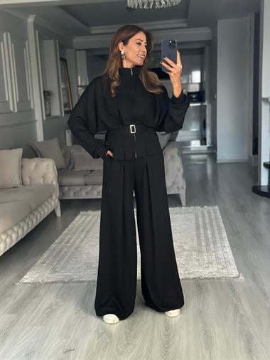 Siyah Tasarım Kemerli Modal Kadın İkili Takım
