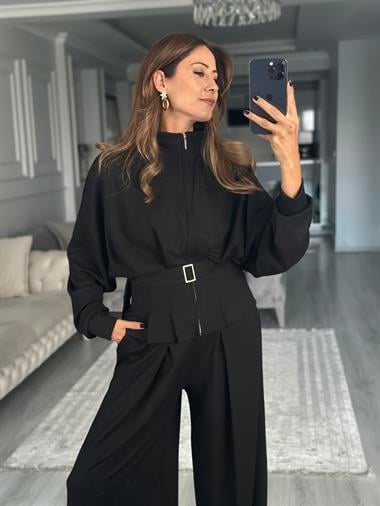 Siyah Tasarım Kemerli Modal Kadın İkili Takım