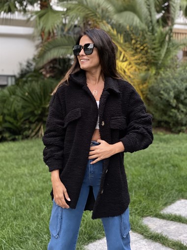 Siyah Teddy Kuzu Kıvırcık Kadın Gömlek