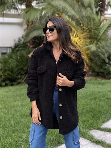 Siyah Teddy Kuzu Kıvırcık Kadın Gömlek