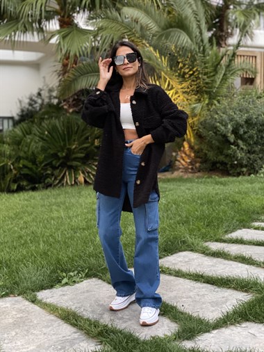 Siyah Teddy Kuzu Kıvırcık Kadın Gömlek