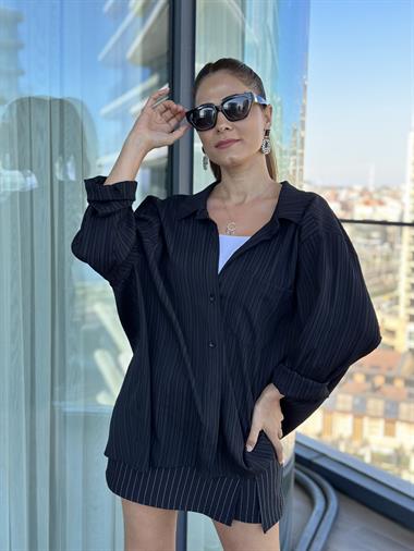 Siyah Tek Cepli Dokulu Salaş Kadın Gömlek