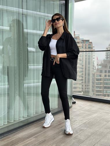 Siyah Tek Cepli Oversize Kadın Gömlek