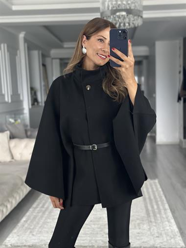 Siyah Tek Düğmeli Dik Yaka Kemerli Kadın Kaşe Panço