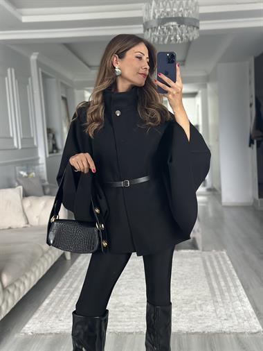 Siyah Tek Düğmeli Dik Yaka Kemerli Kadın Kaşe Panço