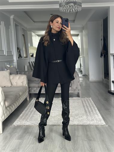 Siyah Tek Düğmeli Dik Yaka Kemerli Kadın Kaşe Panço