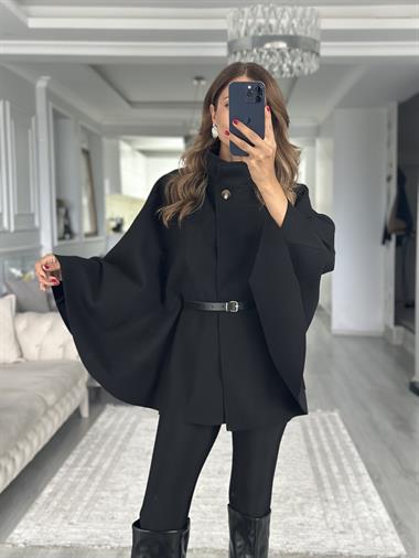 Siyah Tek Düğmeli Dik Yaka Kemerli Kadın Kaşe Panço
